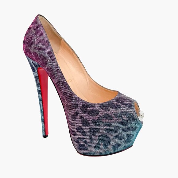 Christian Louboutin Highness 160 Platform Pumps Size 38.5 Blue Purple Leopard - Picture 9 of 13
